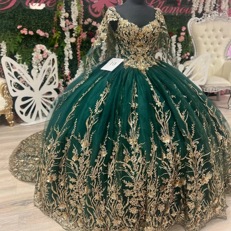 

Emerald Green Quinceanera Dress Off The Shoulder Crystal Ball Gown Appliques Lace With Cape Corset Sweet 15 Vestidos De Quinceañ