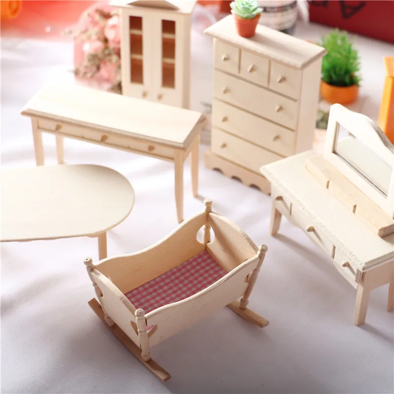 Dollhouse Mini Solid Wood Furniture Cradle Crib Dining Table Cabinet Small Cloth Room Miniatures Decoration Figurines Home Decor