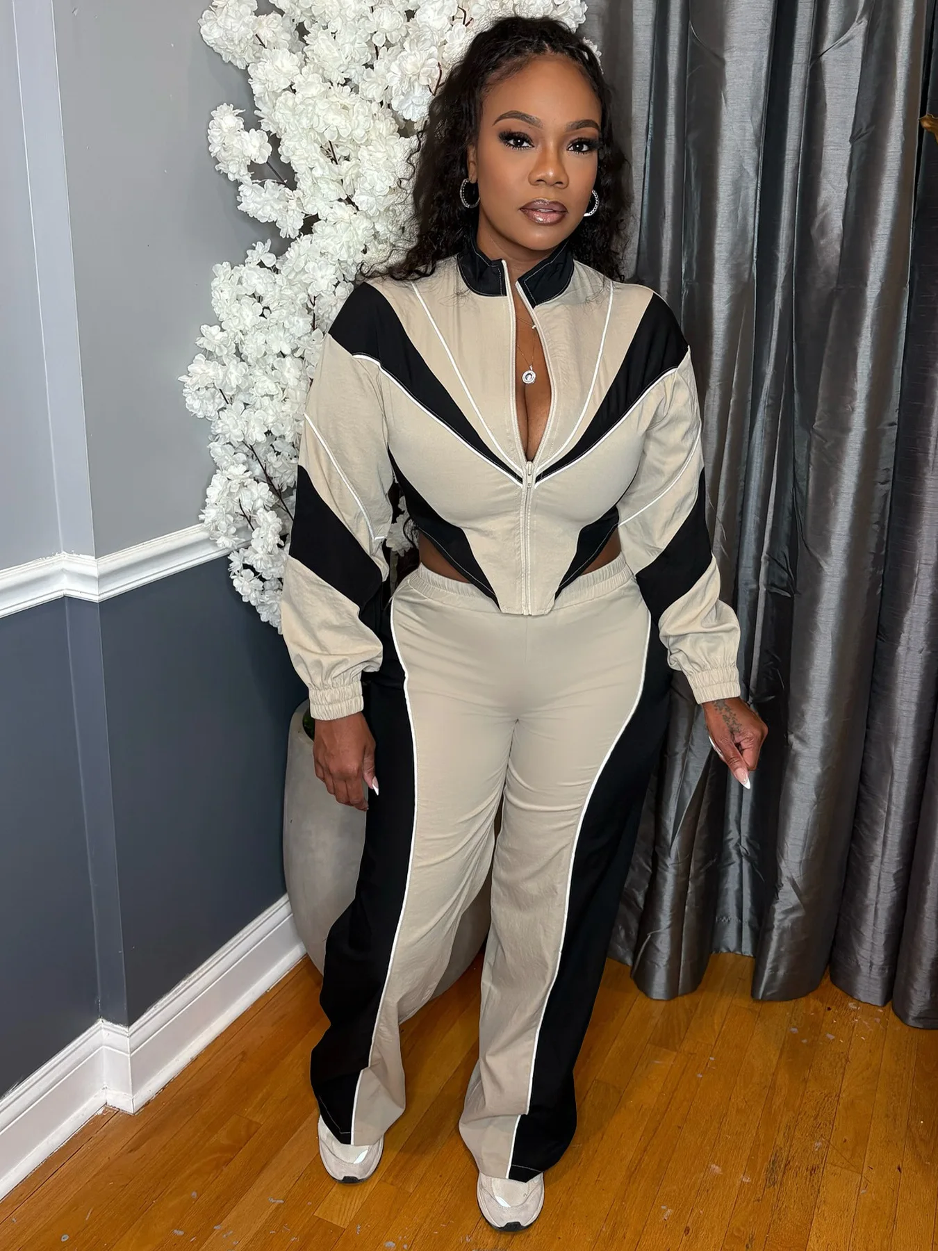 

Спортивные костюмы Weird Puss в стиле пэчворк, комплект из 2 предметов, женская куртка с воротником-стойкой на молнии, нерегулярная куртка + прямые брюки, одинаковый спортивный наряд