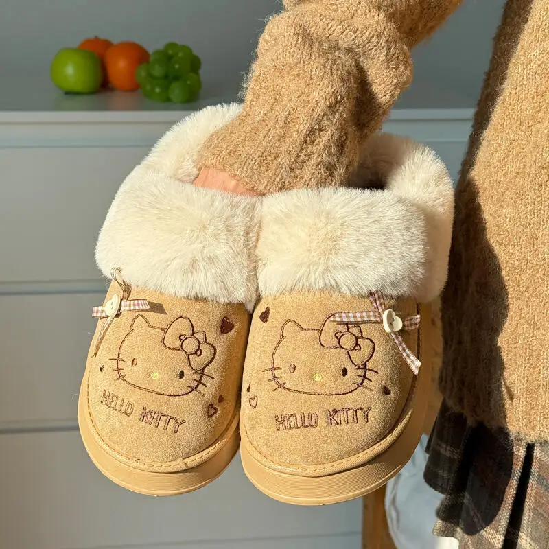 Cartoon Plush Cotton Slippers San-rio Hello Kitty Anime Women's Winter Warm New Anti-Slip Wear-Resistant Thick Sole Home Shoes gallery 2