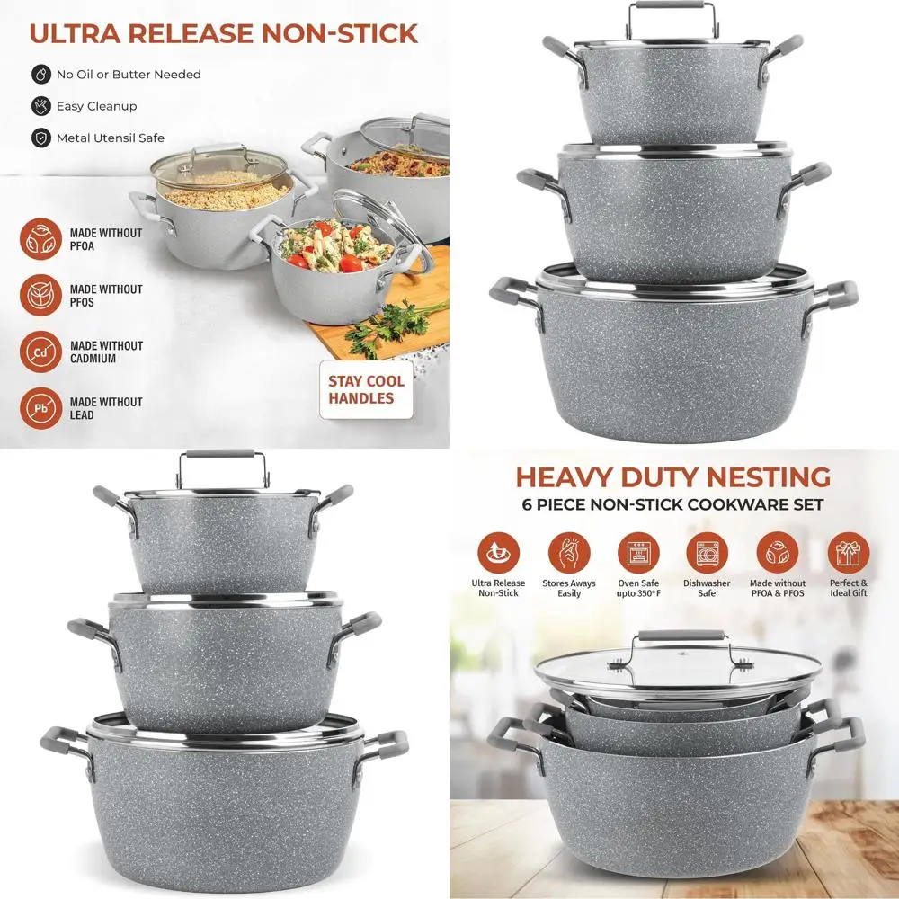 6-Piece Nonstick Cookware Set, Stackable Pots with Lids, 5qt, 3qt, 1.5qt, Dishwasher Safe, 100% Toxin-Free