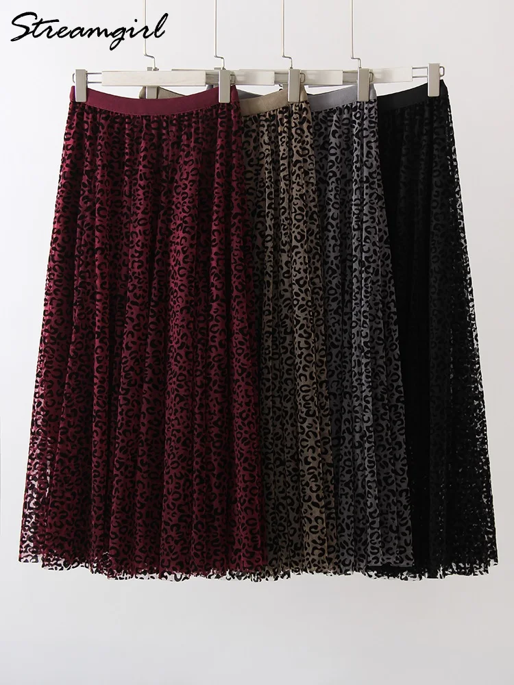 Fluffy Leopard Mesh Skirt Women Khaki Pleated Tulle Skirt Woman Long A Line Big Swing High Waist Maxi Gray Mesh Skirts For Women