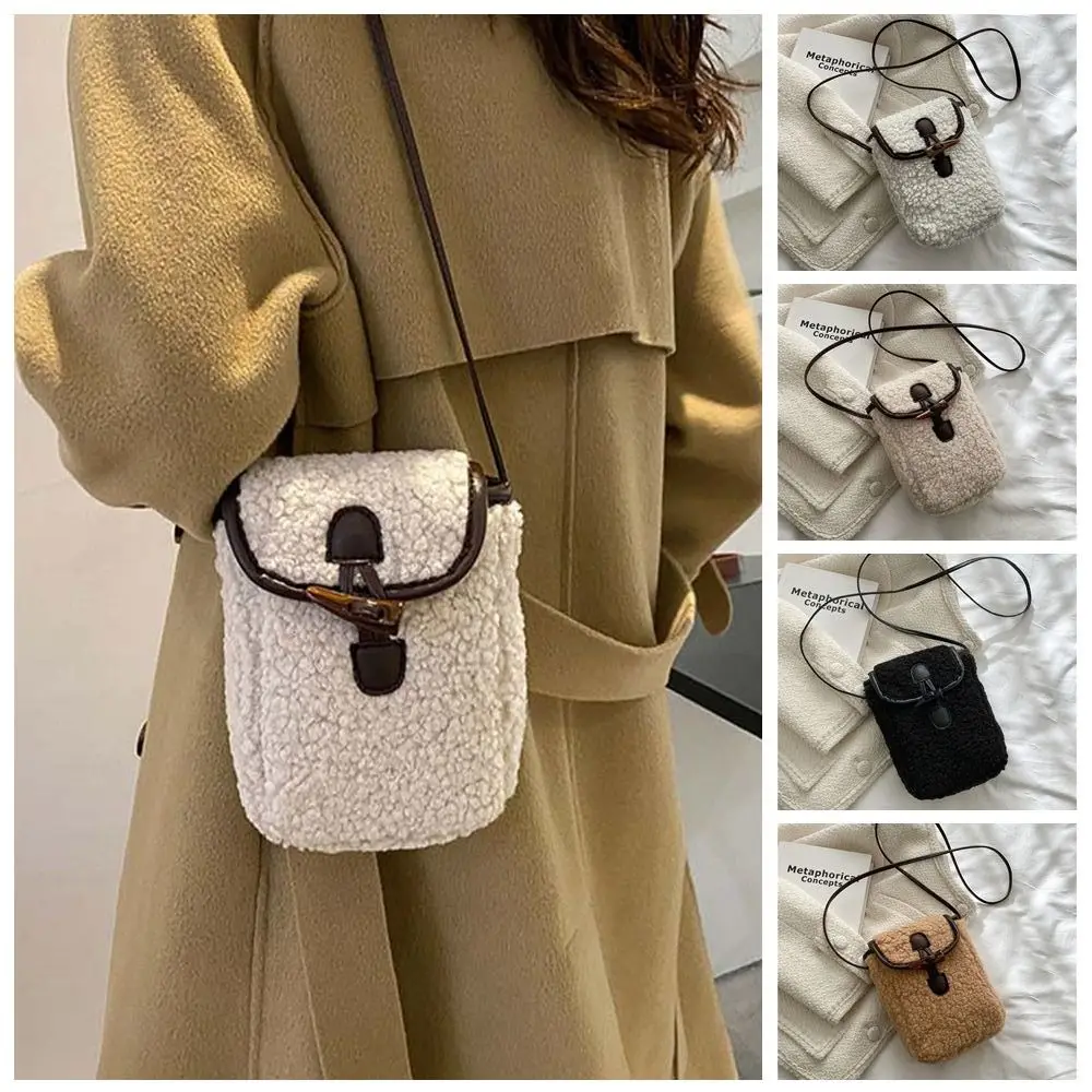 

Simple Korean Style Lambswool Phone Bag Solid Color Square Plush Crossbody Bag All-match Bull Horn Buckle Messenger Bags Outdoor