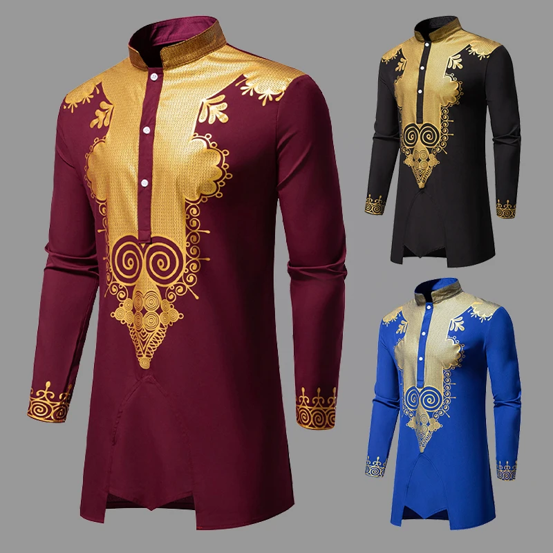 Men's Fashion Print Totem Long-sleeved Gown Comfortable African Windbreaker with Pantsuit