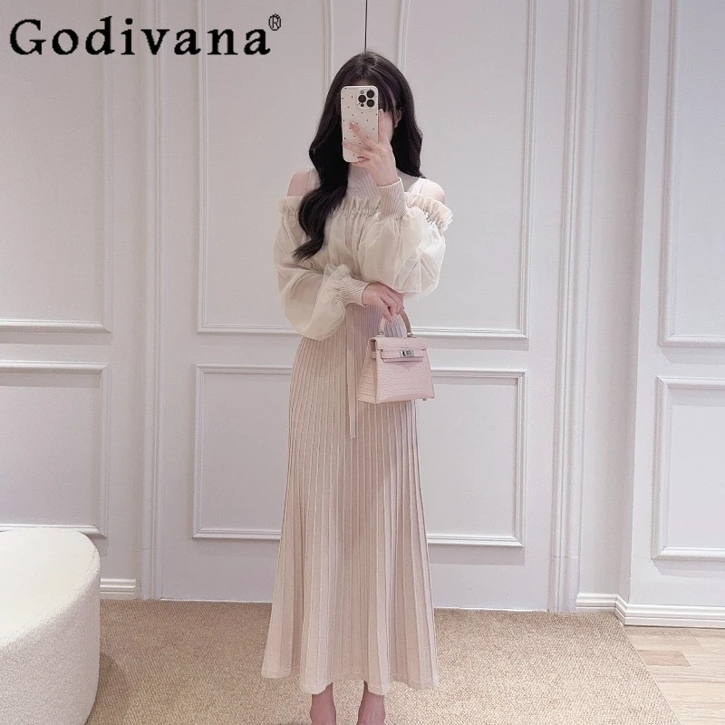 

Elegant Off Shoulder Patchwork Dress for Ladies Waist Cinching Lantern Sleeve Knitted Dress Women's Japanese Style Sweet Dress