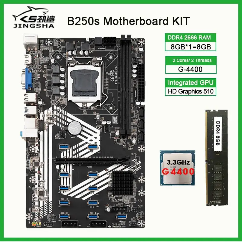 B250S  btc Mining Motherboard B250S PCIE 16X TO USB3.0 12GPU Slot LGA1151 With G4400 CPU And DDR4 1*GB=8GB 2666 ETH Miner Mobo