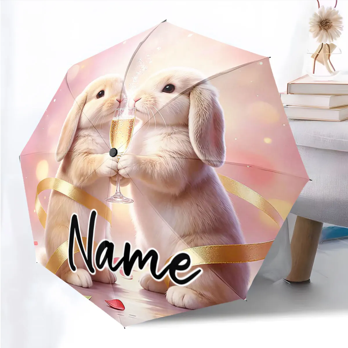 Custom Name Cute Bunny Design Umbrella with Golden Ribbon Theme Print 8 Iron Ribs Folding Umbrella Auto-Open Fashion Sunshade