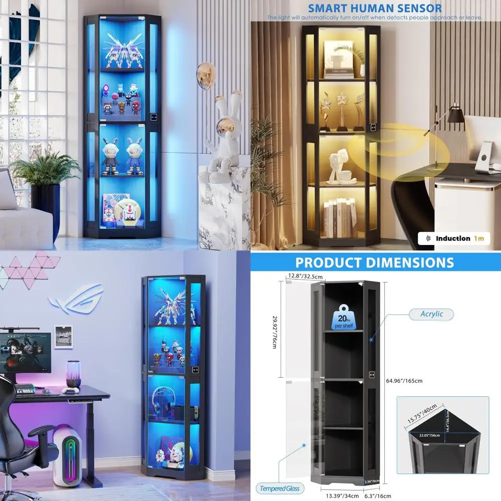 

LED Illuminated 4-Tier Corner Glass Cabinet with Sensory Doors for Collectibles Display