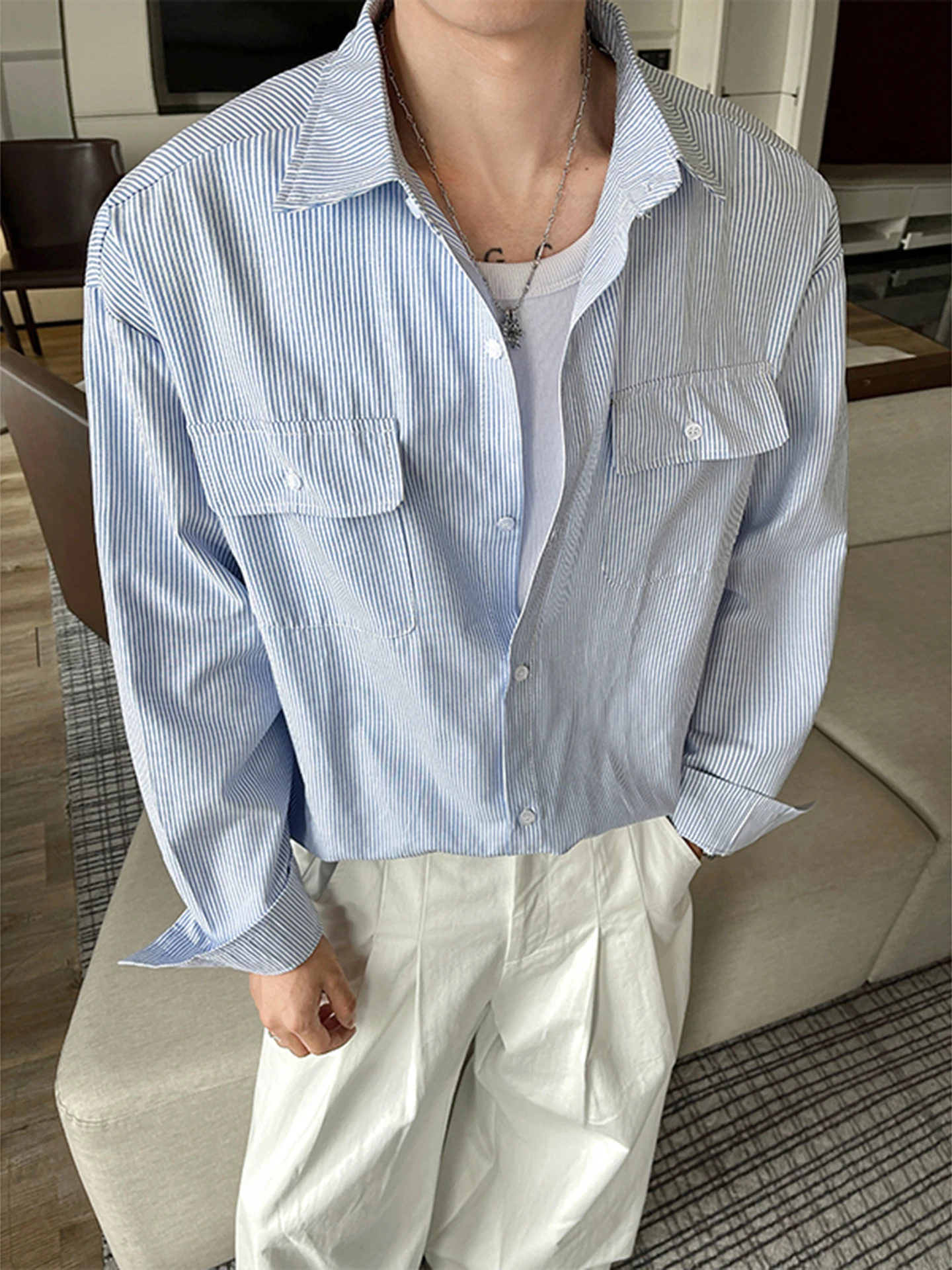 

Cleanfit American High Street Striped Long Sleeve Casual Shirt for Men Spring Fashion Brand Loose Fit Outerwear Coat