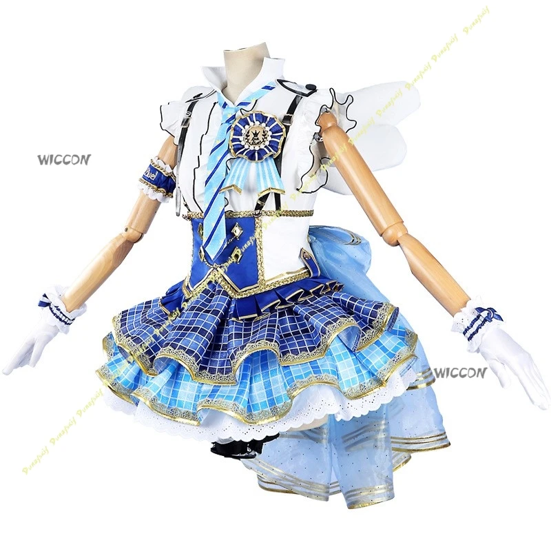 الفتيات اللباس ألعاب أنيمي تأثيري ازياء الباروكات LoveLive! تنورة قصيرة بنمط منقوشة باللون الأزرق اللطيف من Sonoda Umi لعيد الميلاد والهالوين