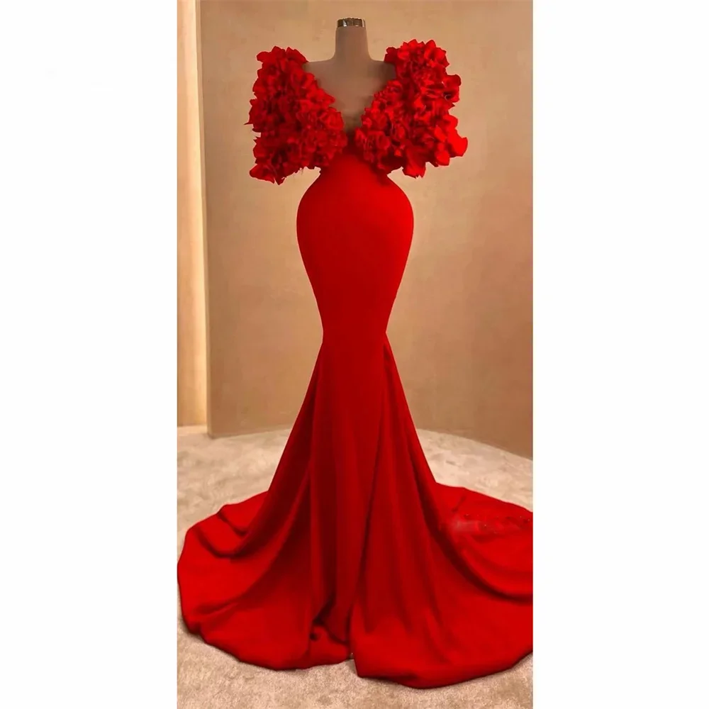 Encantador vestido rojo de baile con flores dobladas en 3D, vestido de fiesta de sirena con cuello en V para mujer africana, vestido de noche para ocasión Formal, personalización