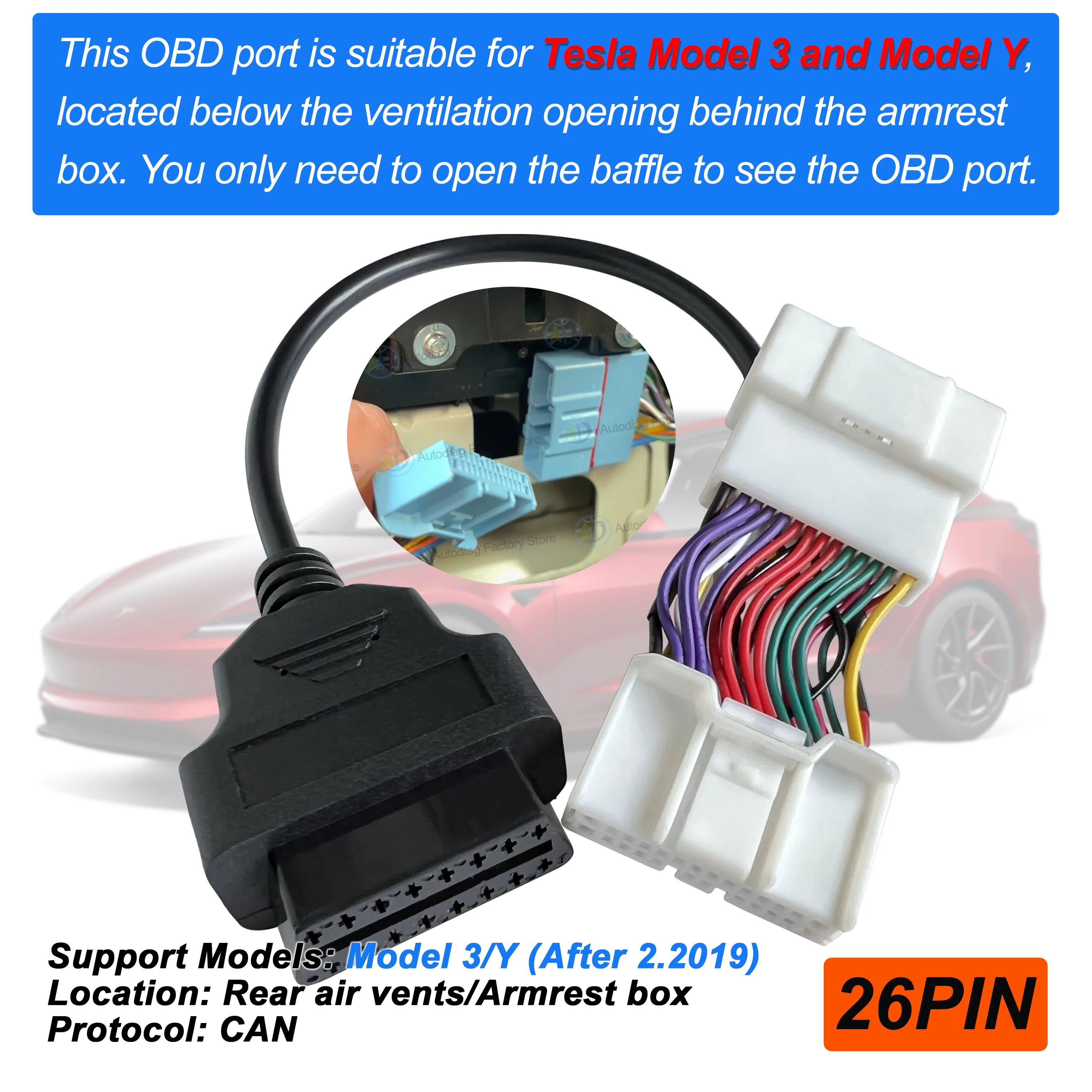 

OBD2 Cable For Tesla Model 3/Y 26Pin OBDII Diagnostic Adapter Cable OBD 16pin to 26pin Male Female Electronic Car Connector