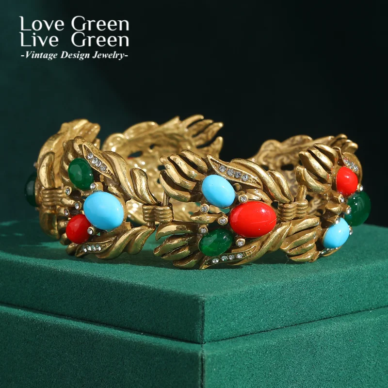 

Vintage Jewelry Lucky Lion'S Head Bracelets For Women Green Red Agate Antique Gold Color Charm Accessories Mothers Day Gift New