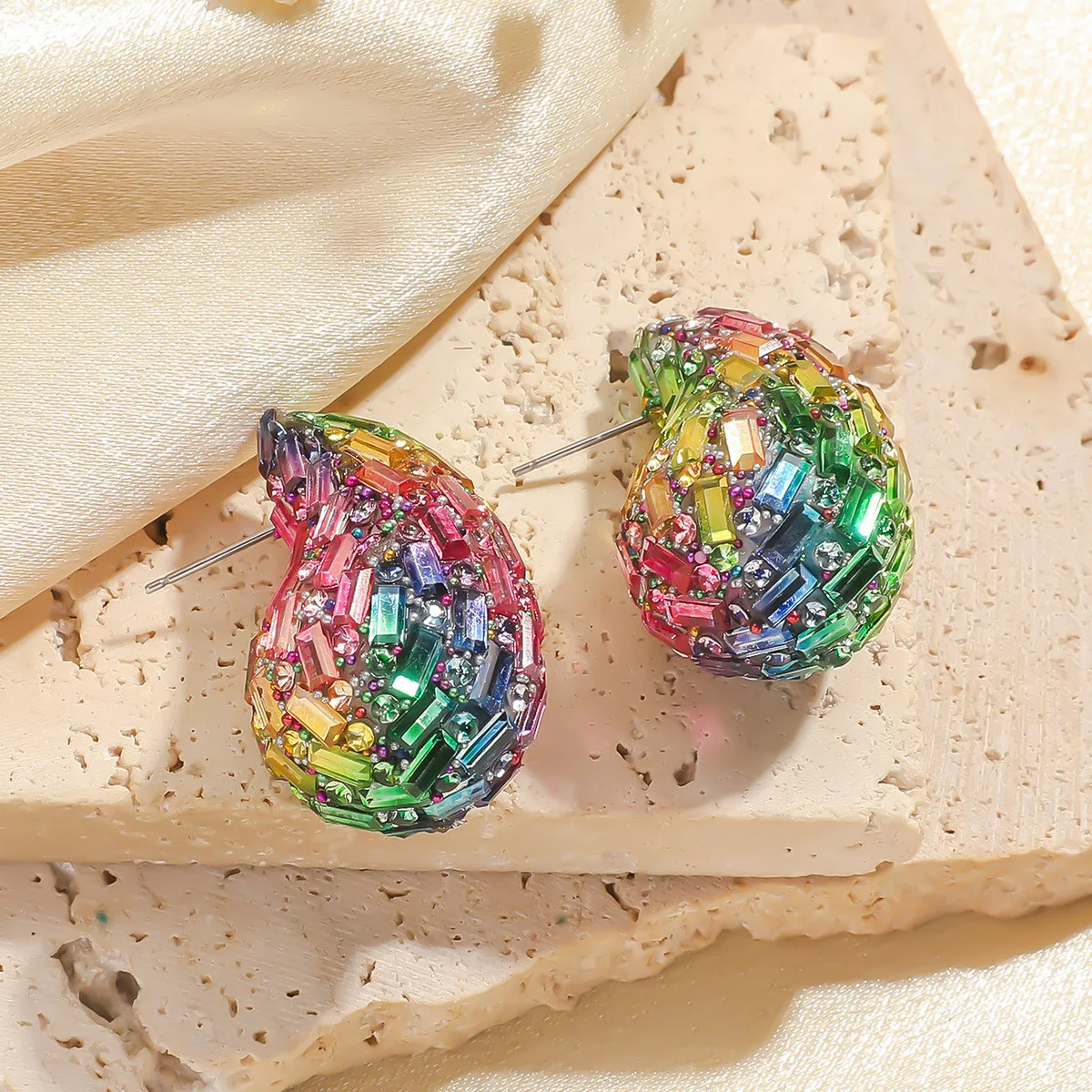 2026 New Trendy Crystal Chunky Waterdrop Hoop Earrings Dupes for Women Chunky Colorful Dome Teardrop Stud Earrings Jewelry Gifts