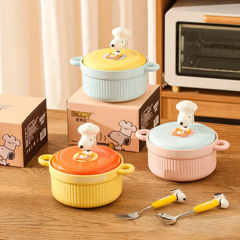 Snoopy Instant Noodle Bowl MINISO New Kawaii with Lid Tableware Cute Cartoon Double Ear Household High Aesthetic Ceramic Bowl