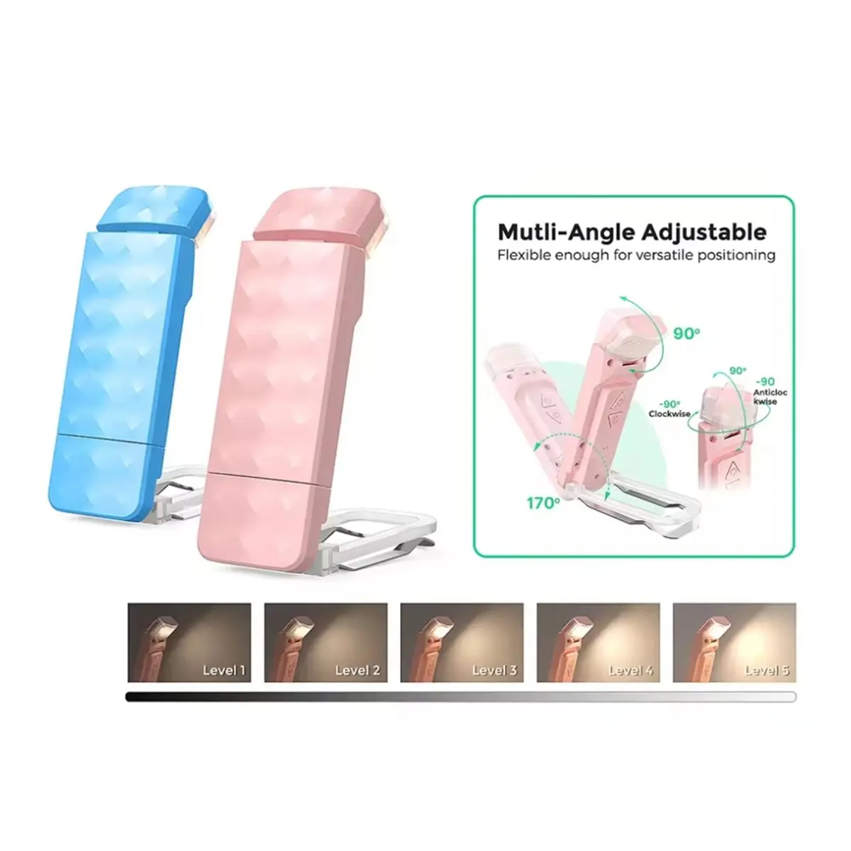 618 Mega Sale Rechargeable Reading Light with 3 Color & 5 Brightness, Adjustable Angles Portable Book Lamp for Bed Blue