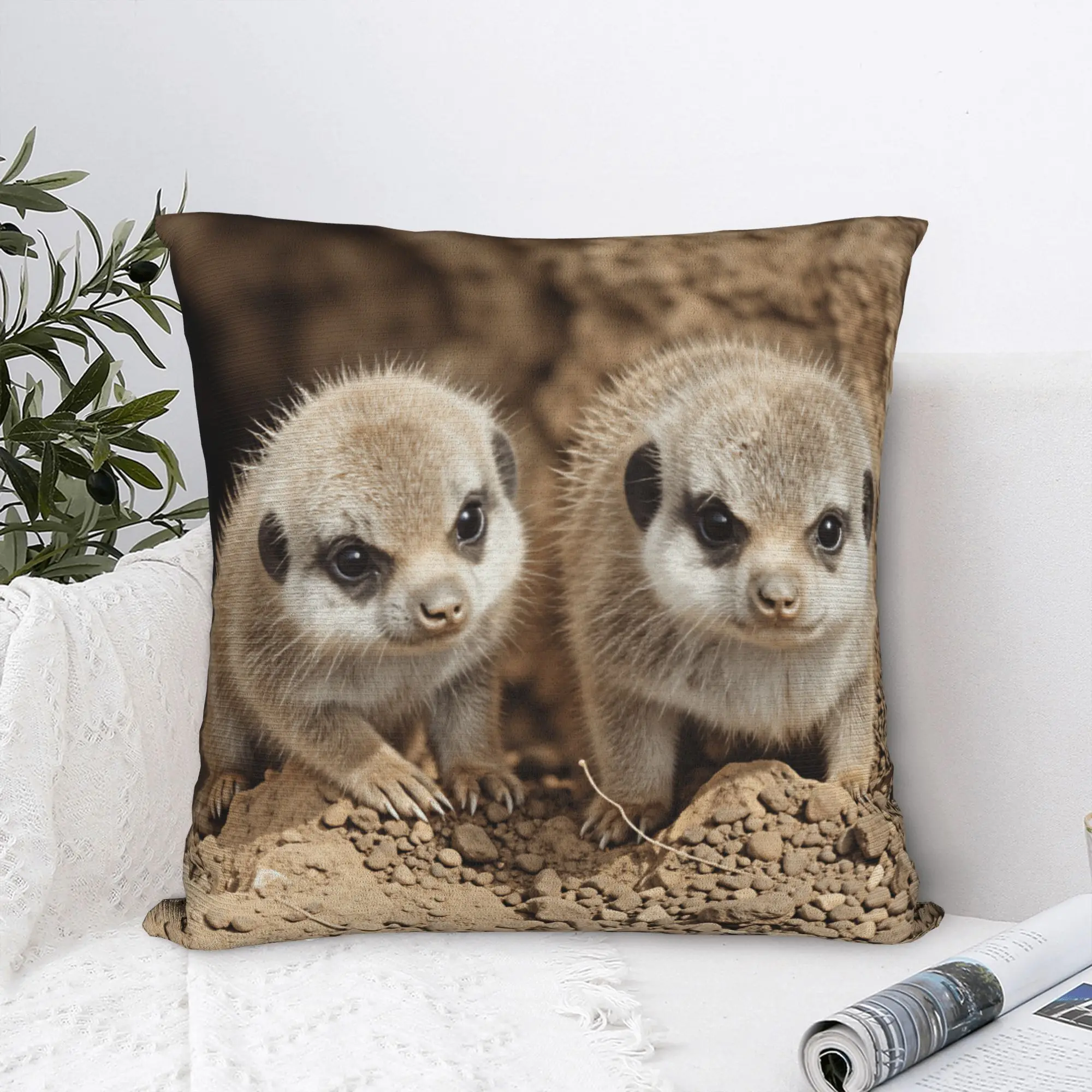 Two Baby Meerkats Pillow Cover  Novelty Pillow Case For Living Room Chair Design Pillowcases Gift