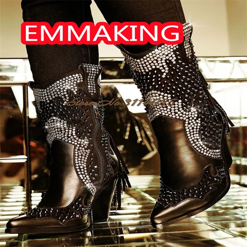 أسود الراين شرابات إسفين الشتاء حذاء من الجلد النساء أشار تو موضة المدرج أحذية السيدات الحفلات عالية الكعب حجم 44