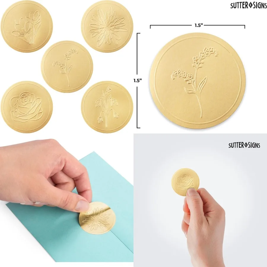 

500pcs Gold Envelope Seal Stickers Flowers with Elegant Embossing Gold Foil Design for Wedding Invitations Save The Date Cards