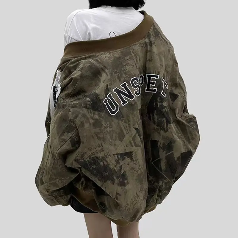 Hip Hop Retro Y2K Jacket Loose Baseball Jackets Men Women Harajuku Punk Oversized Pattern Letters Long Sleeve Zipper Clothes