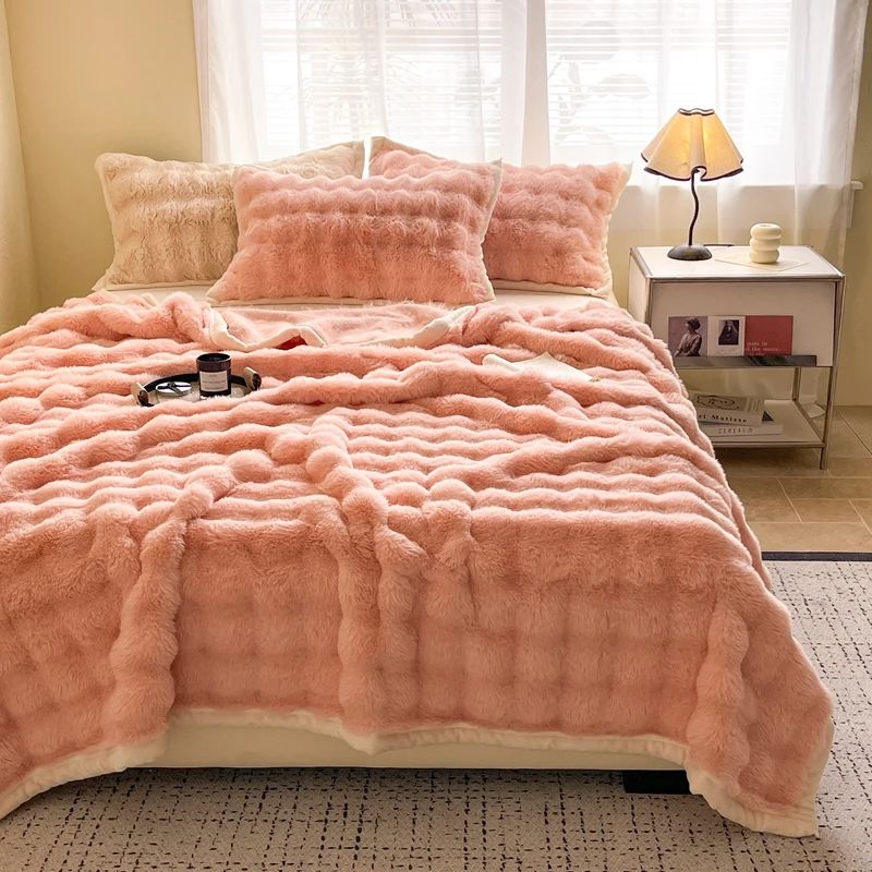 Milk Velvet Bubble Rabbit Plush Blanket Light Luxury Double-sided Coral Flannel Blanket Nap Sofa Travel Airplane Office Blanket