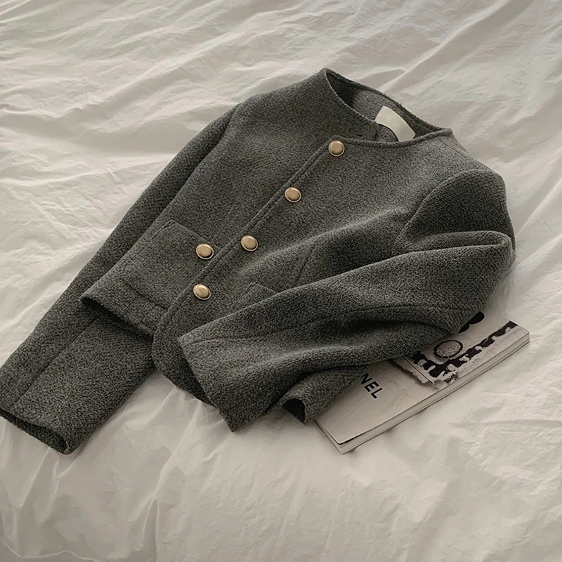 10% Wool Jacket Coat Autumn Winter Women Long Sleeve Single-Breasted Outwear Fashion Elegant Pocket Short Jacket Coat Overcoat