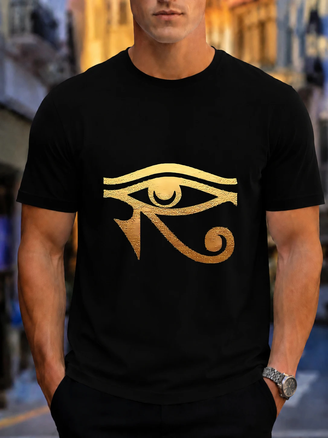 2026 New Arrival Pure Cotton T-Shirt Gold Foil Eye of Horus Ancient Egypt Symbol Print Crew Neck Men Casual Short Sleeve