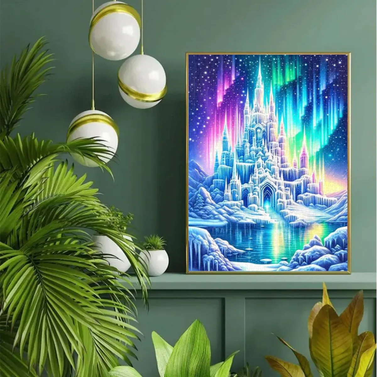 1000 قطعة من أحجية الصور المقطوعة على شكل قلعة الجليد أورورا: مملكة جليدية ملونة تحت السماء المرصعة بالنجوم، مع تأملات على سطح البحيرة، CR