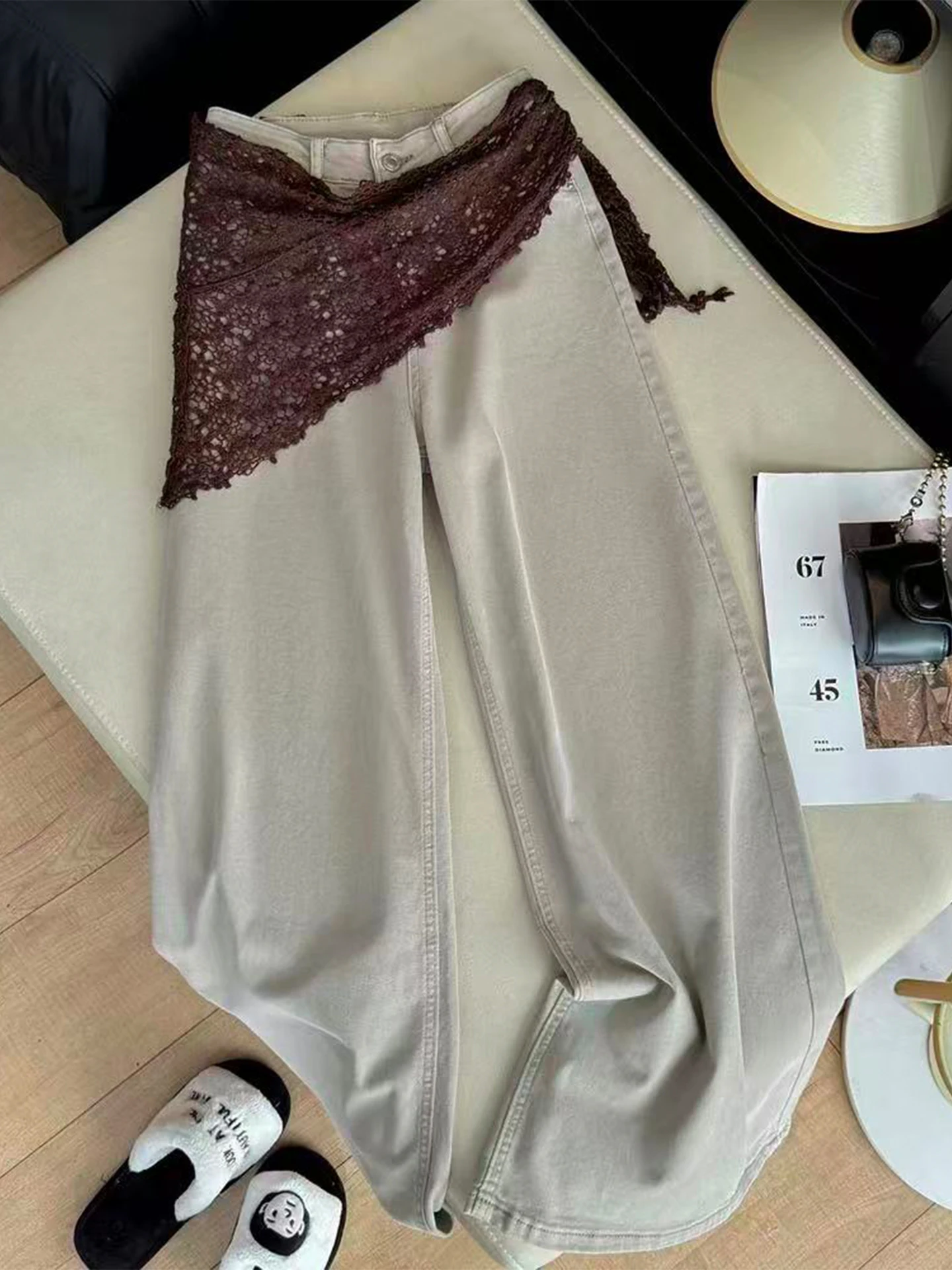 

Весенние женские джинсы с высокой талией, прямые, расклешенные, с кружевной отделкой, комплект из двух предметов, неэластичные, комфортные, повседневные брюки