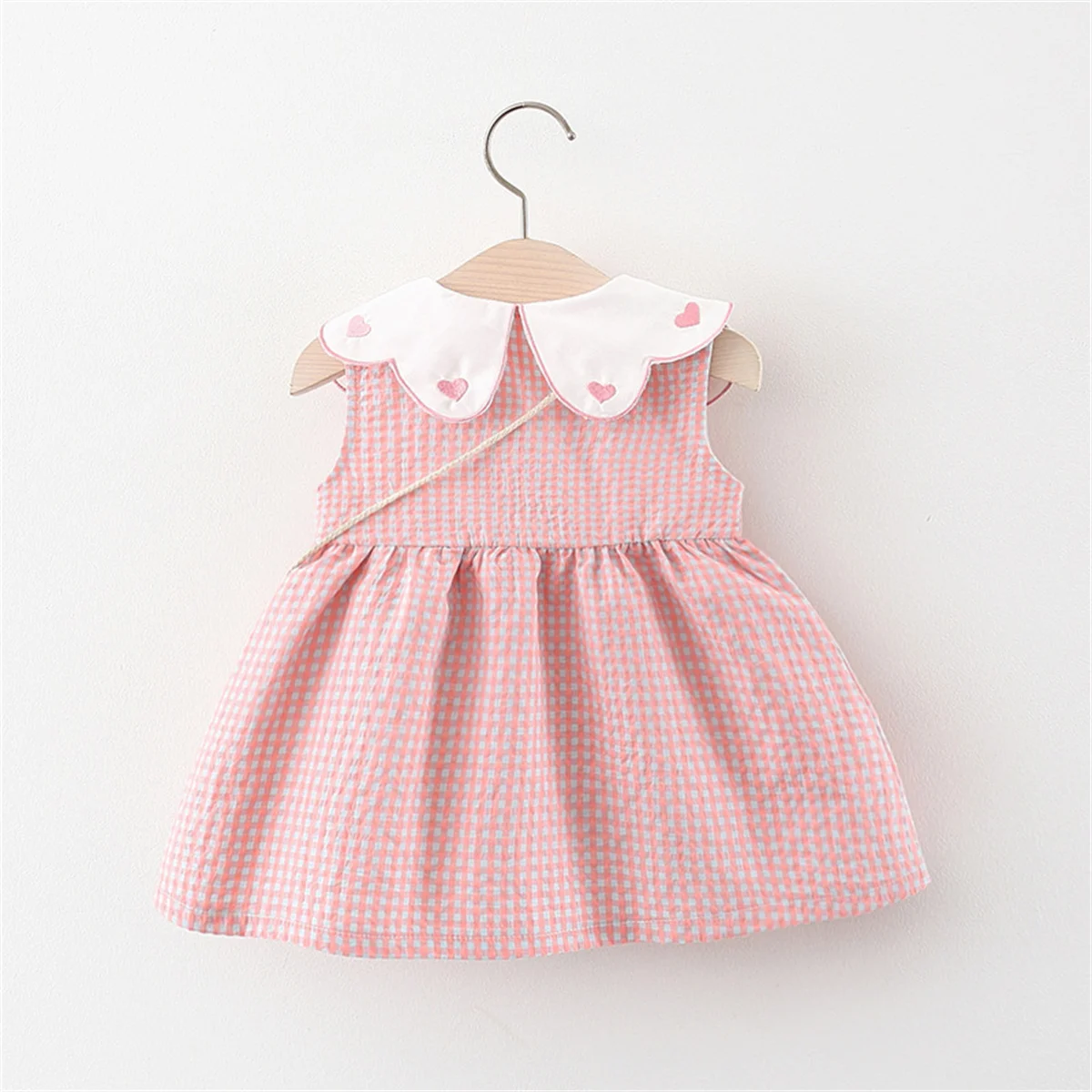 Summer Newborn 2-Piece Girl Infant Cotton Dress And Backpack Baby Embroidered Flip Collar Checkered Sleeveless Beach Dress