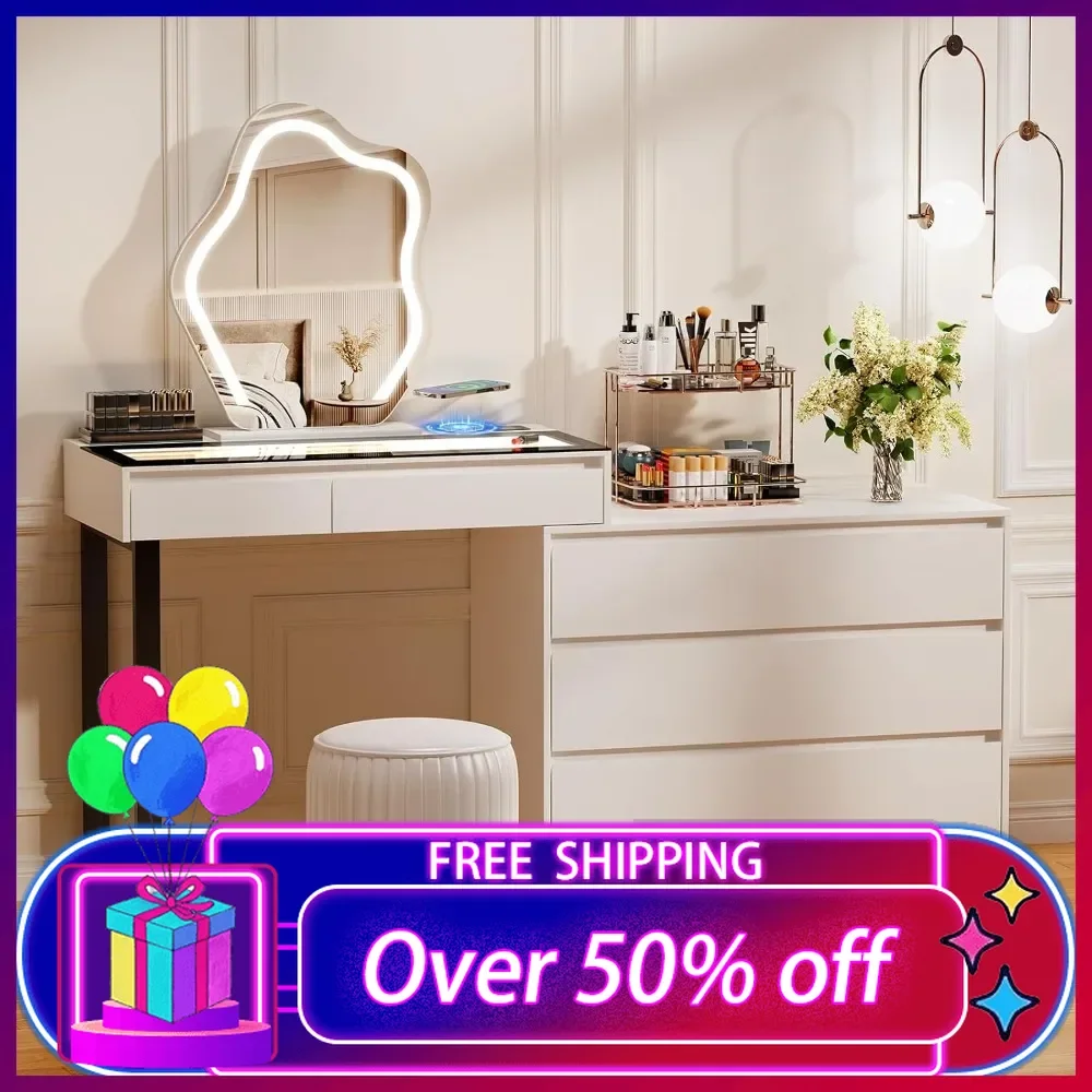 Mesa de vaidade de canto com espelho e luzes, vaidade de maquiagem com estação de carregamento, penteadeira extensível com gavetas e cômoda