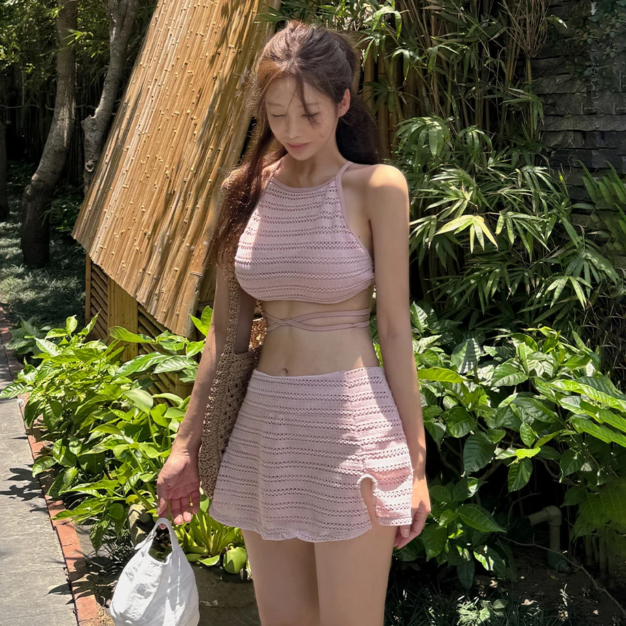 

Розовый купальник-бикини для женщин, пляжный, термостойкий, для отпуска, простой, сексуальный, с круглым вырезом, без косточек, для пляжного отдыха