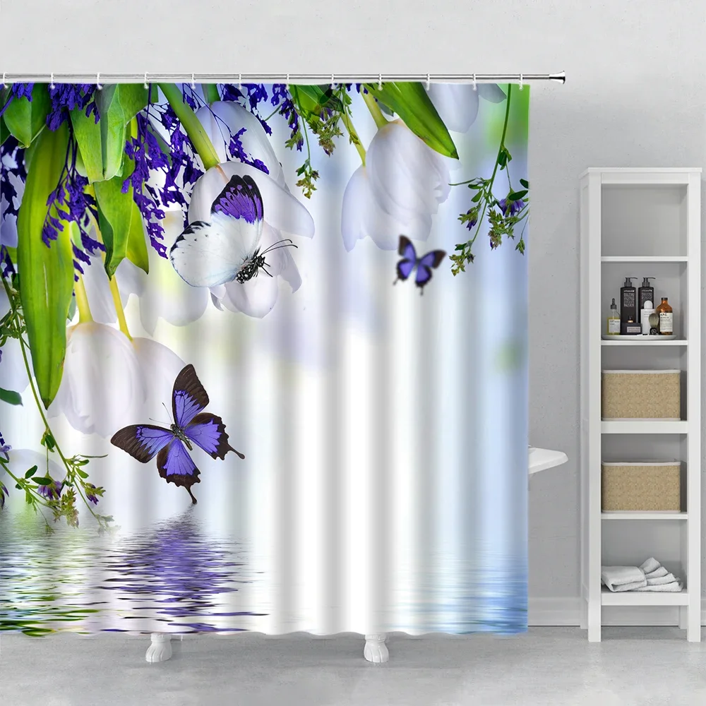 Flower Shower Curtain Set Orchid Teal Rose Plant Floral Leaves Print Bathroom Decor Fabric Bath Curtain Bathtub Accessories Hook