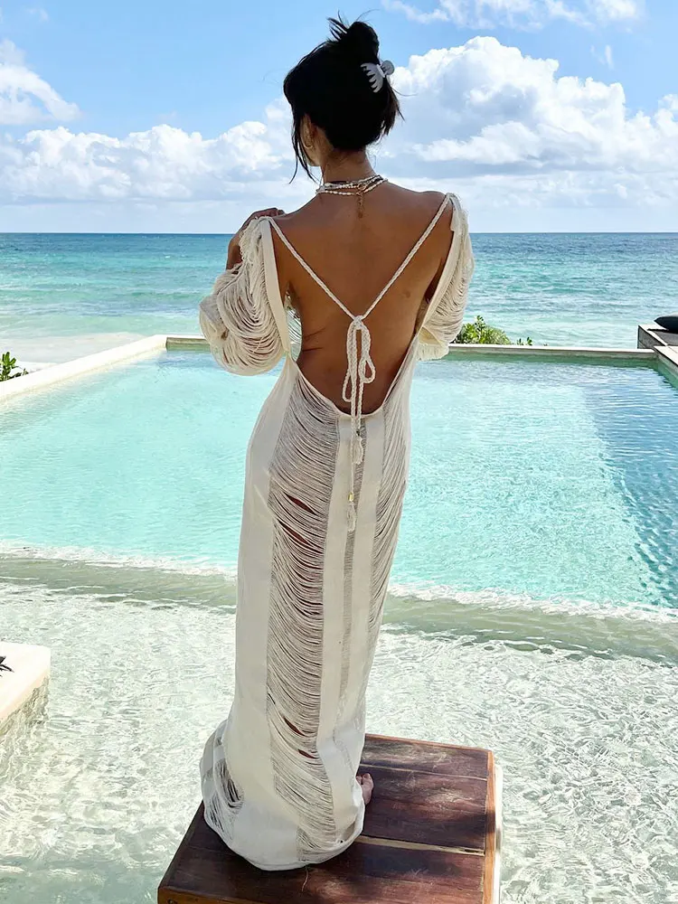 Blanc tricoté Sexy évider frange plage Maxi robe 2024 femmes été dos nu à lacets maillots de bain fête Bikini couvertures A2414