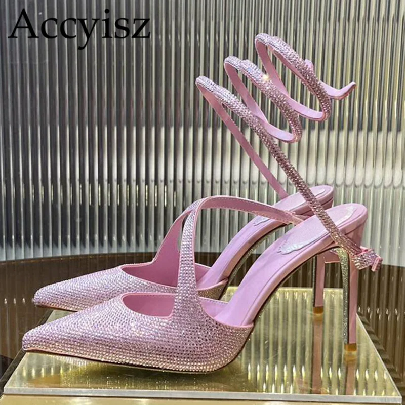 

Summer Shiny Crystal Sandals Women's Pointed Toe High Heels Snake Shaped Winding Thin Heels Sandalias Sexy Wedding Banquet Shoes