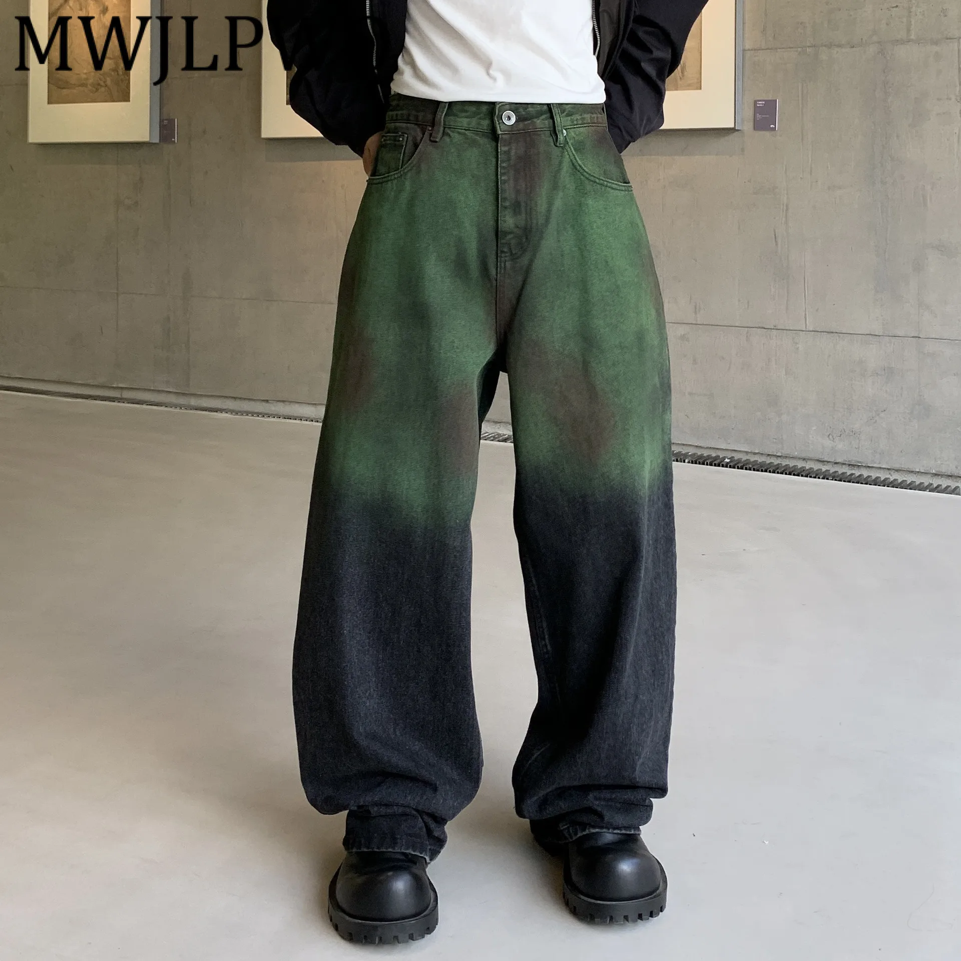MWJLPWQ جينز جديد عصري متدرج واسع الساق للجنسين للخريف بتصميم مستقيم مغسول على الجدران سروال رجالي غير رسمي بطول الأرض 12160