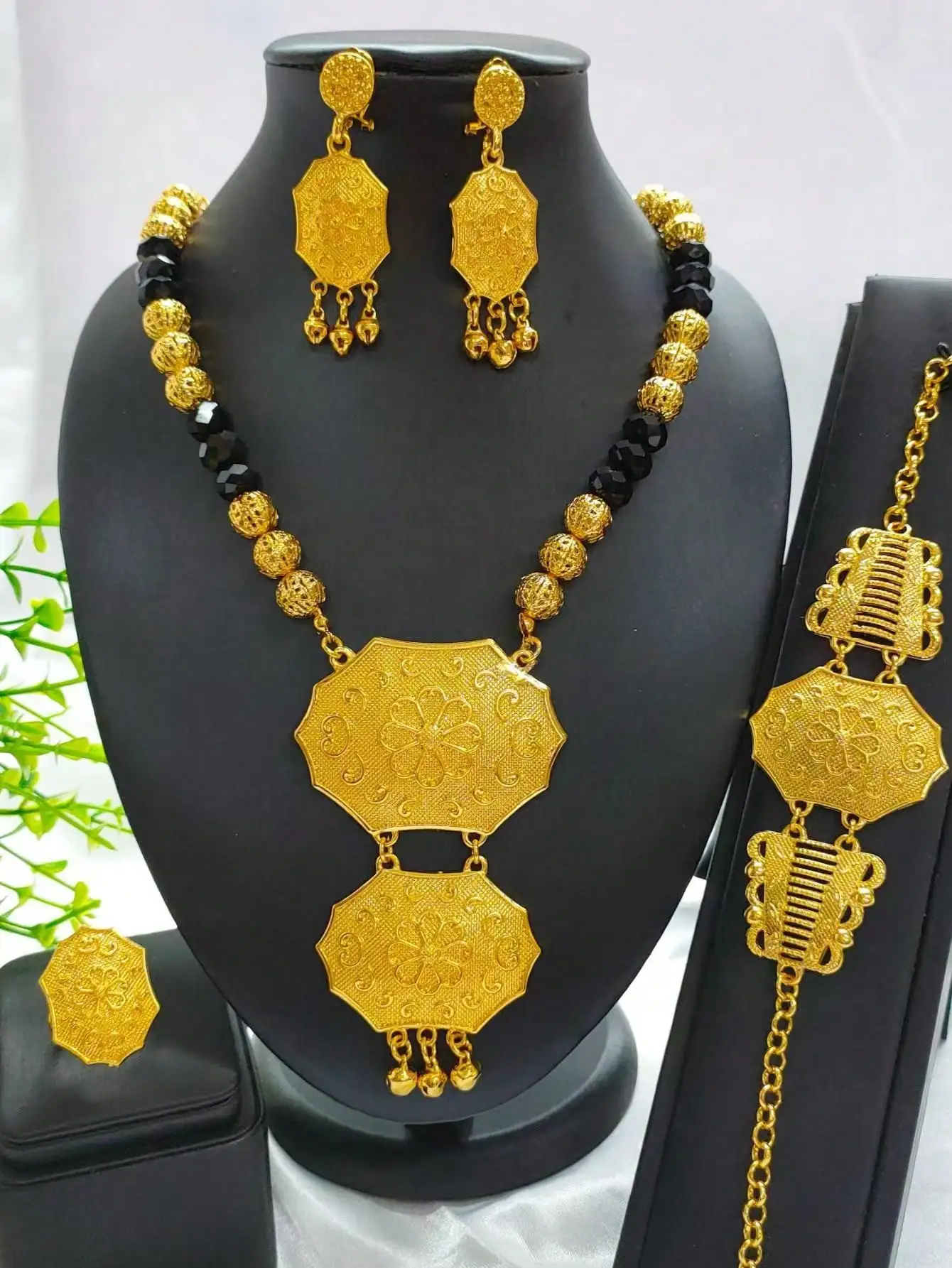 Women Ethiopian Gold Color Jewelry Set Bridal Dubai Wedding Brazilian Eritrean African Earring Necklaces Jewellery Set