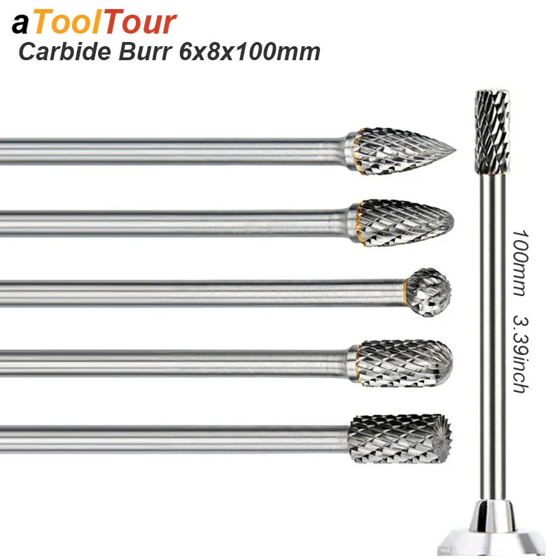 Carbide Burr 6x8m 100mm Extra Long 1/4 Shank Carve Grinde Abrasive Tool Rotary Cut Rasp File Milling Cutter Drill Wood Metal