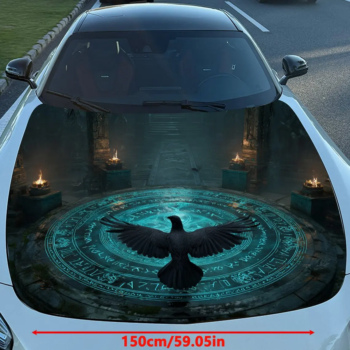 Rune Raven Array Car Vinyl Wrap, PVC Material Waterproof Car Hood Sticker, Self-Adhesive Scratch-Resistant Stickers for Engine C