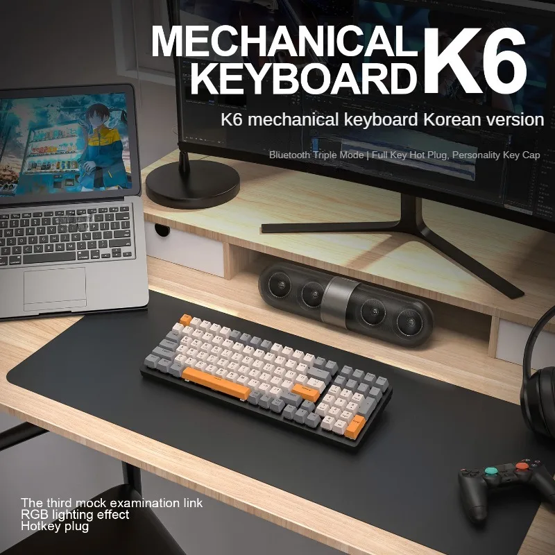 FreeWolf K6 Korean Version Mechanical Keyboard Bluetooth Wireless Three Mode Game Hotswap 100Key Esports PC Gamer Office