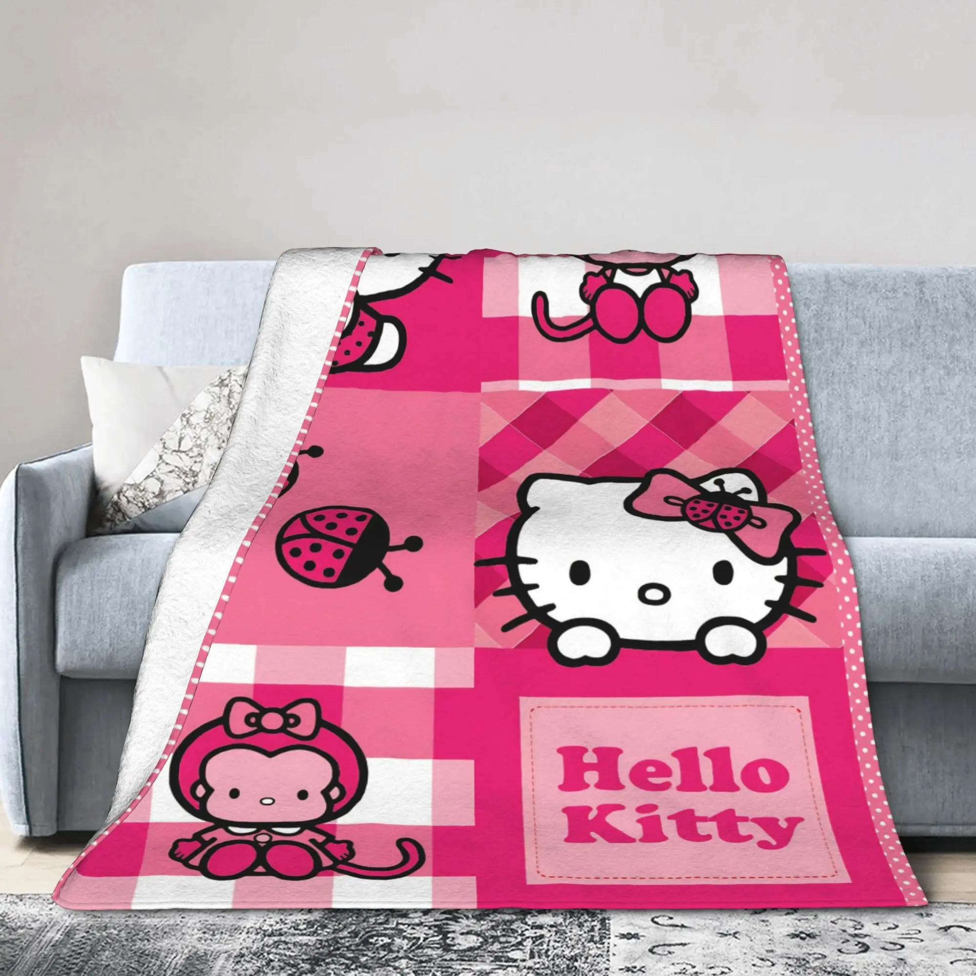 

Hello Kitty Pink Plaid Blankets Fleece Print Multifunction Warm Throw Blankets for Home Bedroom Bedspreads