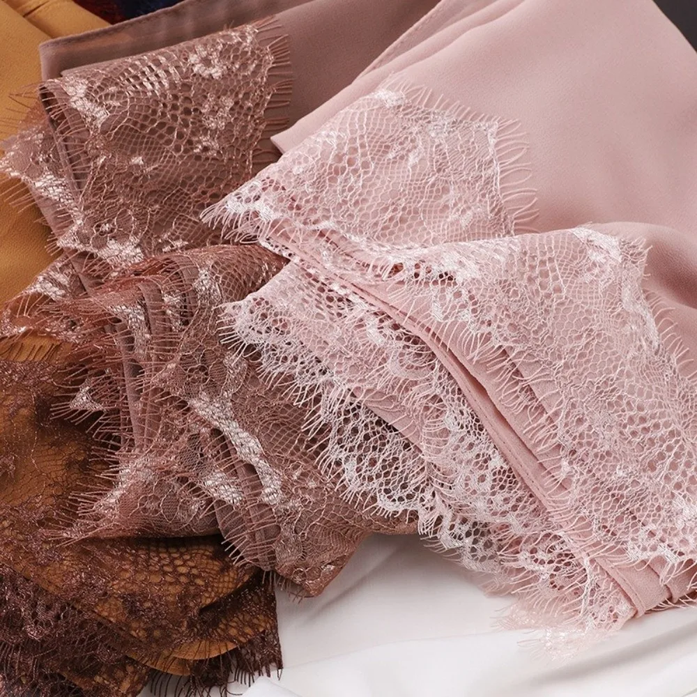 Versatile Solid Color Silk Scarf Lace Edge Long Chiffon Hijab Veil Soft Breathable Ramadan Headscarf Women Headwear