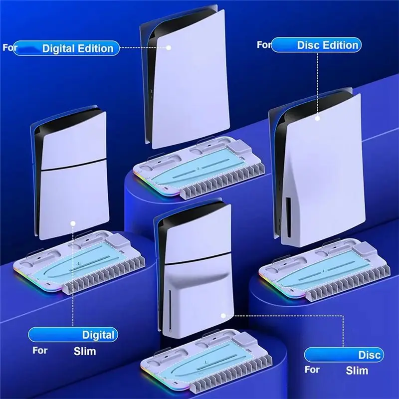 Y44A Multi-Function Cooling Base for PS5 Slim PRO, Controller Stand for PS5 Slim PRO Digital and Optical Drive Version Black