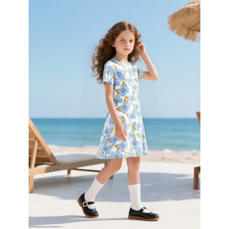 

Girls Blue Butterfly Print Short Sleeve Dress Casual Elegant Design Fashionable Young Girls' Clothing