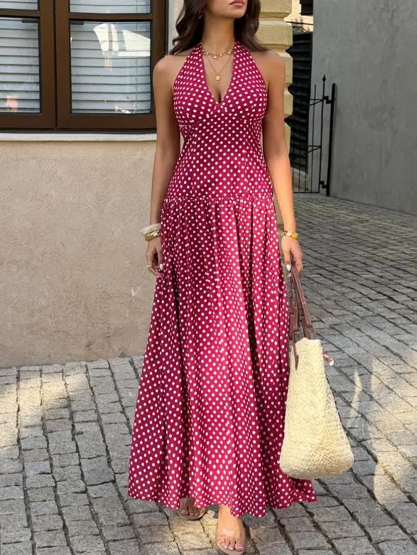 

Women's 2026 Spring/summer Vacation Style Hanging Neck Wave Point Waist Dress Casual Fashion Retro Elegant Dress