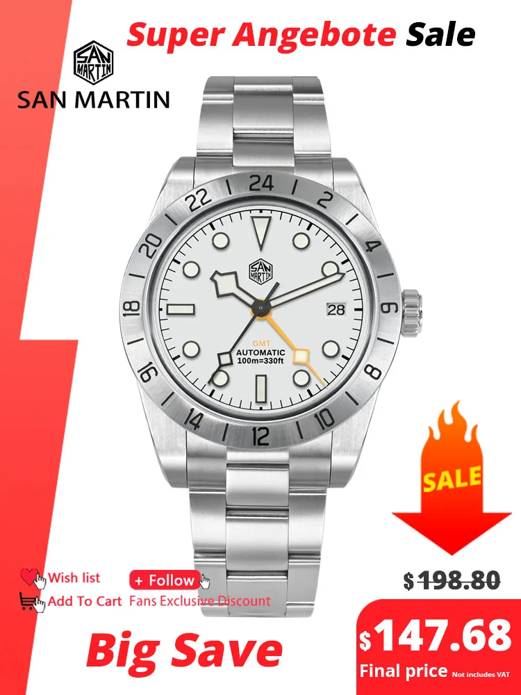 

San Martin New 39mm Automatic Mechanical GMT Watch NH34 Stainless Steel Sport Watch Sapphire Luminous Waterproof for Men Relogio