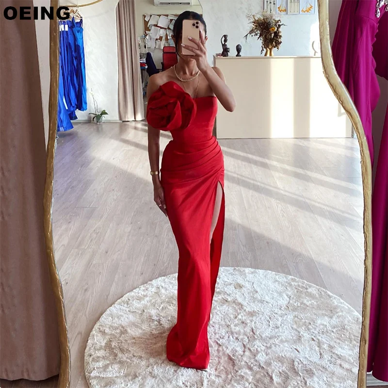 OEING Red Strapless Mermaid Prom Dresses Side Split Evening Dress Special Occasion Gown Flowers Vestidos De Noche Customized