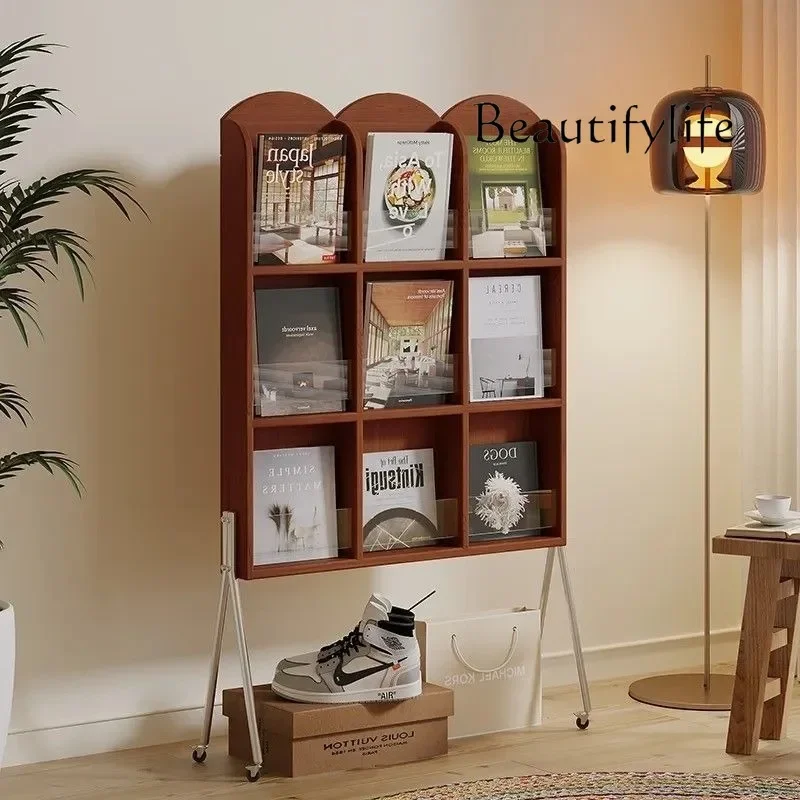 BH Nordic Solid Wood Display Rack Living Room Medieval Style Magazine Rack Floor Ins Style Mobile Bookshelf Book Rack Storage Ra