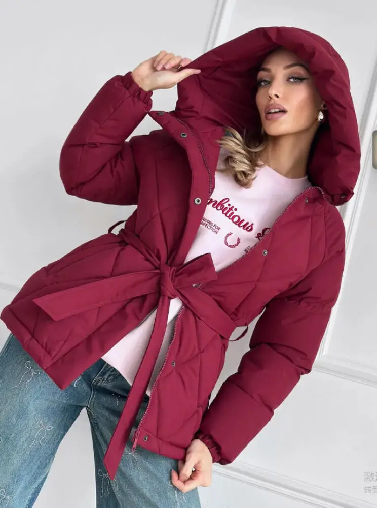 Autumn and Winter Hooded Cotton Jacket Solid Color Warm Coat Top Women's Hoodie with Belt