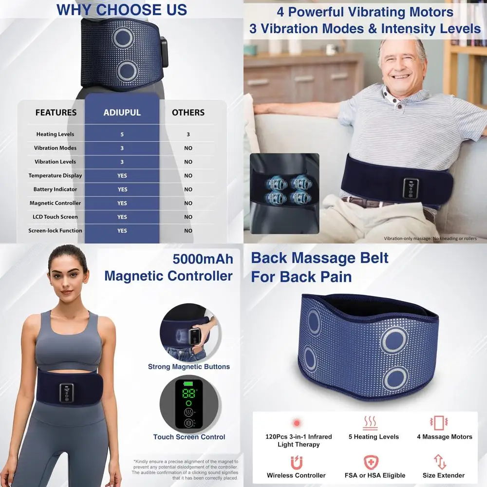 

Wireless Red Light Therapy Massage Belt with 5 Heat Settings, 3 Vibration Modes, and 4 Motors for Lower Back Pain Relief (Blue)